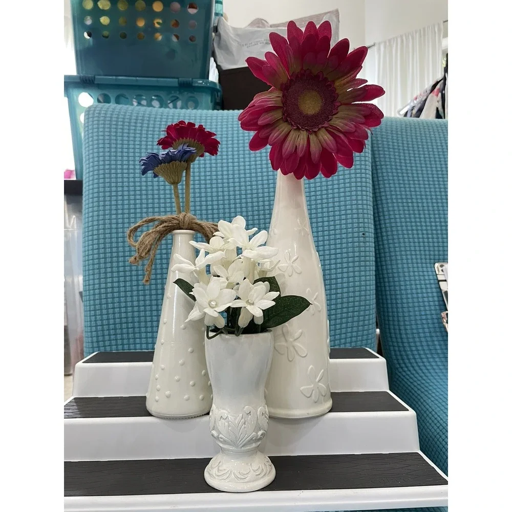 Farmhouse Style White Vases With Faux Flower Floral Painted Set Of 3